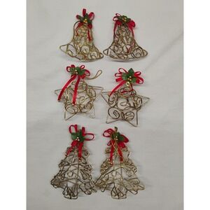 6pc Metal Tree & Star Christmas Ornaments Rustic Cottage Vintage Gold Tone